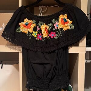 Chic Black Floral Embroidered Off-Shoulder Blouse